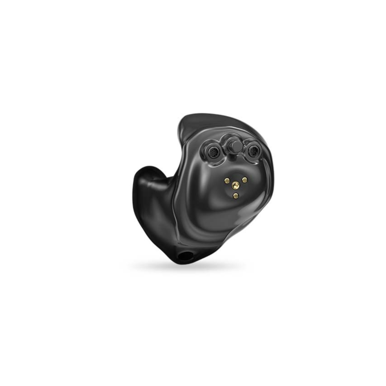 Black in-the-canal shell hearing aids, Starkey Evolv model.