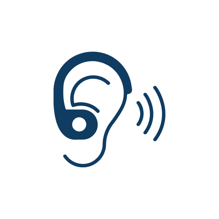 A blue ear wearing a hearing aid icon.