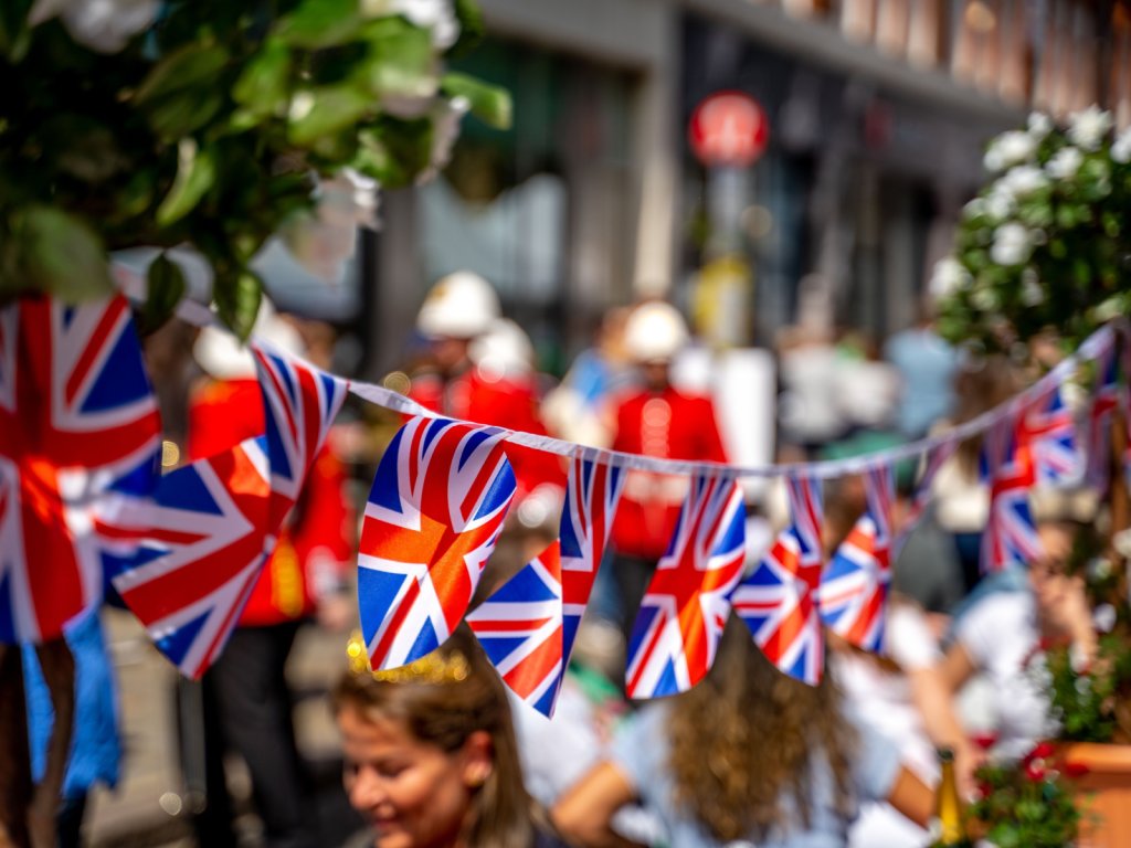 British Union Jack flag garlands in a street.