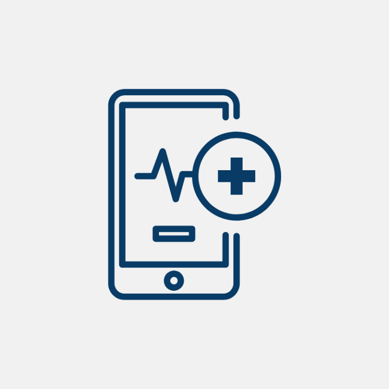 Icon representing health and wellness tracking, featuring a smartphone displaying a medical symbol alongside a cardiac impulse sequence.