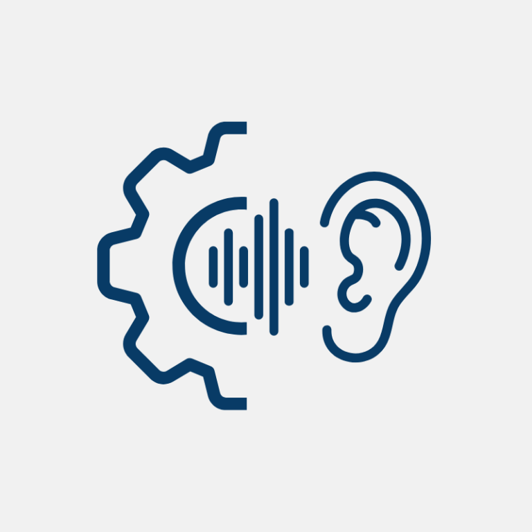 "Icon representing Sound Technology, featuring a gear with sound waves and an ear, illustrating the integration of sound processing and auditory experience.