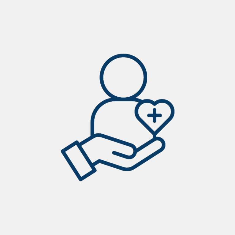 Icon representing personalised care, featuring a person cradled in a hand alongside a heart containing a health symbol.