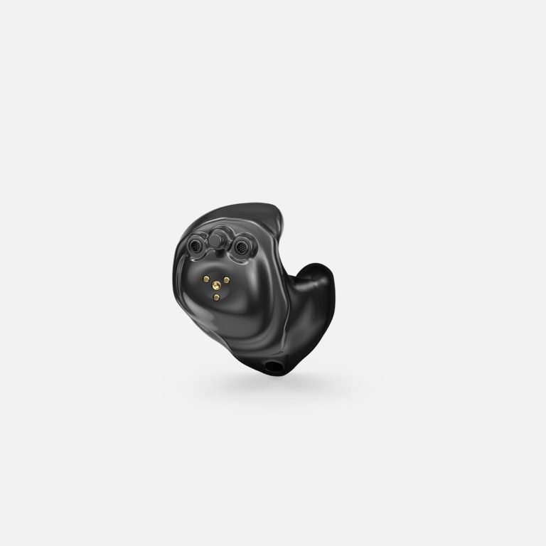 Starkey Edge AI ITC hearing aids in black.