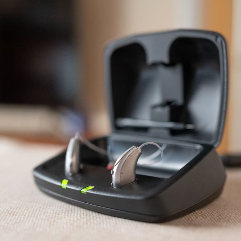 A compact storage case for a Receiver-in-Canal (RIC) hearing aid, opened to show its interior.